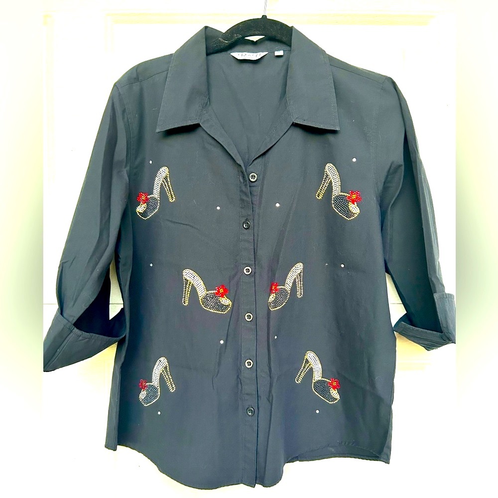 Bling Button Up• High Heels - Rhinestones, Women’s Medium